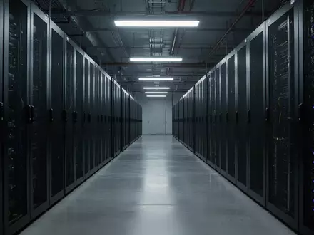 Ein langer, leerer Gang in einem modernen Rechenzentrum mit dunklen Server-Racks und kühler, industrieller Beleuchtung. - Foto: über boerse-global.de