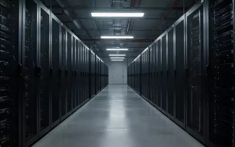 Ein langer, leerer Gang in einem modernen Rechenzentrum mit dunklen Server-Racks und kühler, industrieller Beleuchtung. - Foto: über boerse-global.de