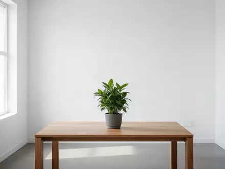 Minimalistisches, helles Bürointerieur mit einer einzelnen Zimmerpflanze auf einem Holztisch bei natürlichem Tageslicht. - Foto: über boerse-global.de