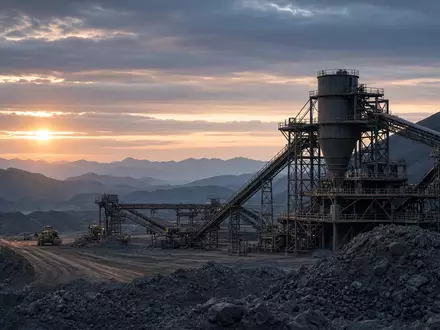Moderne industrielle Bergbauanlage bei Sonnenaufgang mit Förderanlagen in einer weiten Landschaft. - Foto: über boerse-global.de