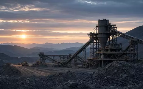 Moderne industrielle Bergbauanlage bei Sonnenaufgang mit Förderanlagen in einer weiten Landschaft. - Foto: über boerse-global.de
