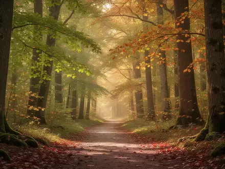 Ein friedlicher Waldweg im Herbst mit einfallendem Sonnenlicht zwischen bunten Blättern. - Foto: über boerse-global.de