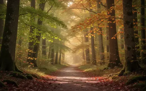 Ein friedlicher Waldweg im Herbst mit einfallendem Sonnenlicht zwischen bunten Blättern. - Foto: über boerse-global.de