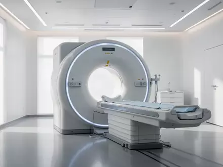 Ein moderner, leerer Raum mit einem medizinischen MRT-Scanner in einer hellen, klinischen Umgebung. - Foto: über boerse-global.de