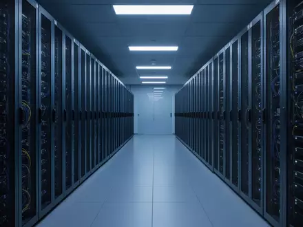 Ein moderner, aufgeräumter Serverraum mit ordentlich angeordneten Serverschränken in kühler, blauer Beleuchtung. - Foto: über boerse-global.de