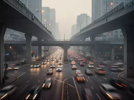 Dichte städtische Straßenkreuzung bei Dämmerung mit atmosphärischem Dunst und verschwommenen Lichtspuren des Verkehrs. - Foto: über boerse-global.de