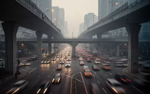 Dichte städtische Straßenkreuzung bei Dämmerung mit atmosphärischem Dunst und verschwommenen Lichtspuren des Verkehrs. - Foto: über boerse-global.de