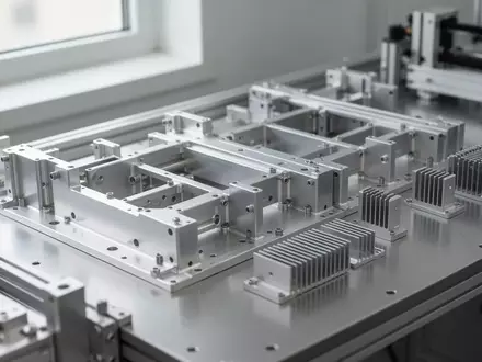 Präzisionsgefertigte metallische Innenbauteile und Kühlrippen auf einer Werkbank in einem hellen, minimalistischen Labor. - Foto: über boerse-global.de