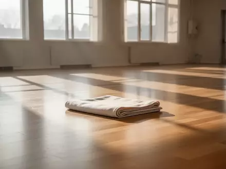 Eine einzelne, gefaltete Matte auf dem hellen Holzboden einer Sporthalle im sanften Morgenlicht. - Foto: über boerse-global.de