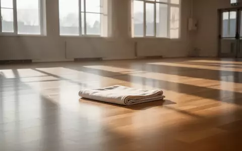 Eine einzelne, gefaltete Matte auf dem hellen Holzboden einer Sporthalle im sanften Morgenlicht. - Foto: ĂĽber boerse-global.de
