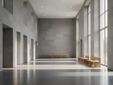 Ein heller, minimalistischer Flur in einem modernen Verwaltungsgebäude mit grauen Steinwänden und Tageslichteinfall. - Foto: über boerse-global.de
