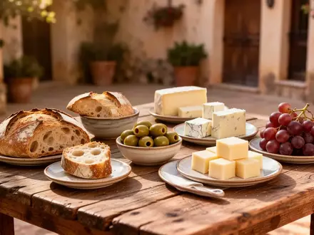 Eine rustikale Anrichte mit einer Auswahl kleiner Speisen wie Brot, Käse und Oliven in einer mediterranen Umgebung. - Foto: über boerse-global.de