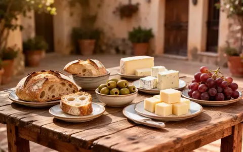 Eine rustikale Anrichte mit einer Auswahl kleiner Speisen wie Brot, Käse und Oliven in einer mediterranen Umgebung. - Foto: über boerse-global.de