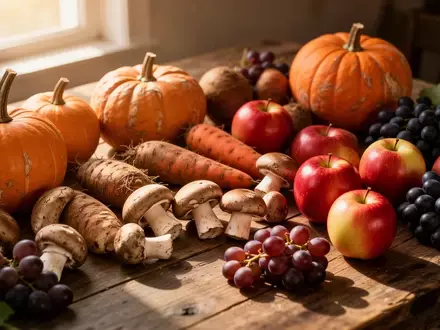 Frische herbstliche Ernteprodukte wie Kürbisse, Wurzelgemüse, Äpfel und Pilze auf einem rustikalen Holztisch. - Foto: über boerse-global.de