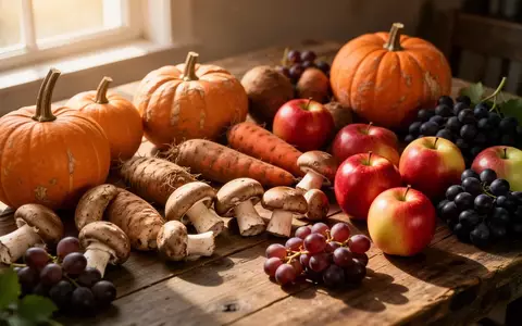 Frische herbstliche Ernteprodukte wie Kürbisse, Wurzelgemüse, Äpfel und Pilze auf einem rustikalen Holztisch. - Foto: über boerse-global.de