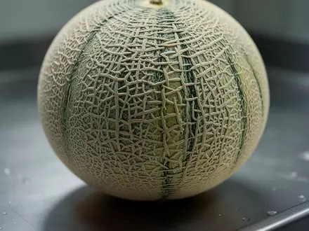 Nahaufnahme der netzartigen Schale einer Cantaloupe-Melone auf einer kühlen, metallischen Oberfläche. - Foto: über boerse-global.de