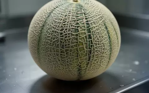 Nahaufnahme der netzartigen Schale einer Cantaloupe-Melone auf einer kühlen, metallischen Oberfläche. - Foto: über boerse-global.de