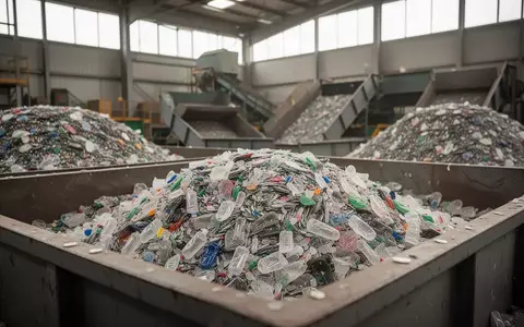Industrielle Sortieranlage für Kunststoffabfälle mit großen Metallbehältern voller Kunststoffflocken in einer Lagerhalle. - Foto: über boerse-global.de