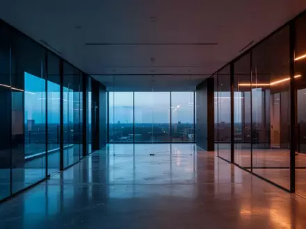 Ein minimalistisches, leeres Bürogebäude bei Dämmerung mit moderner Architektur und atmosphärischer Beleuchtung. - Foto: über boerse-global.de