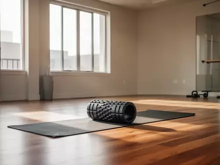 Eine leere, helle Trainingsfläche mit einer Faszienrolle auf einer Yogamatte vor einem Fenster. - Foto: über boerse-global.de