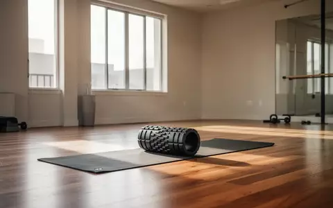 Eine leere, helle Trainingsfläche mit einer Faszienrolle auf einer Yogamatte vor einem Fenster. - Foto: über boerse-global.de
