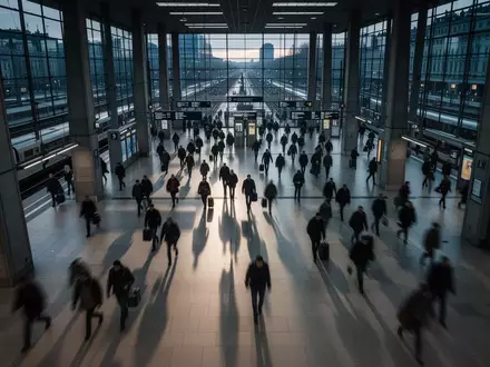 Belebte Bahnhofshalle mit verschwommenen Passanten in einer modernen Architekturumgebung. - Foto: über boerse-global.de