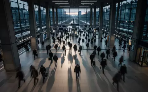 Belebte Bahnhofshalle mit verschwommenen Passanten in einer modernen Architekturumgebung. - Foto: über boerse-global.de