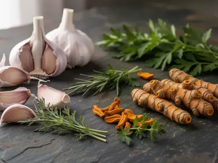 Nahaufnahme von frischen Knoblauchzehen, Kurkuma-Wurzeln und grĂŒnen KrĂ€utern auf einem dunklen Steinhintergrund. - Foto: ĂŒber boerse-global.de