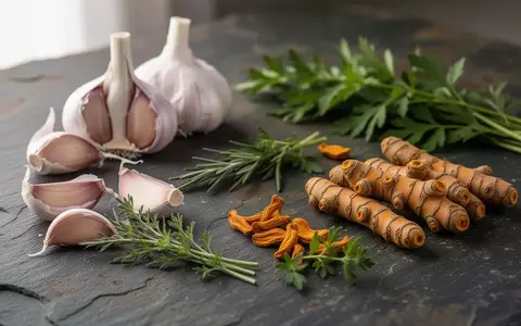 Nahaufnahme von frischen Knoblauchzehen, Kurkuma-Wurzeln und grünen Kräutern auf einem dunklen Steinhintergrund. - Foto: über boerse-global.de