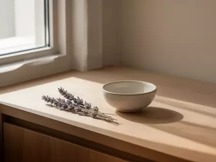 Ein minimalistisch gestalteter Raum mit weichem Licht, einer Holzoberfläche und Lavendel, der eine Atmosphäre der Entspannung vermittelt. - Foto: über boerse-global.de