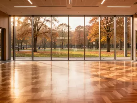 Ein leerer, sonnendurchfluteter Tanzsaal mit Parkettboden und großen Fenstern in einem Bürgerzentrum. - Foto: über boerse-global.de