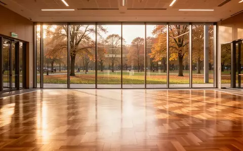 Ein leerer, sonnendurchfluteter Tanzsaal mit Parkettboden und großen Fenstern in einem Bürgerzentrum. - Foto: über boerse-global.de