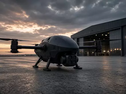Ein hochmodernes taktisches Drohnenmodell auf einem Flugfeld bei Dämmerung. - Foto: über boerse-global.de