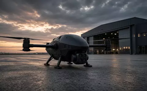 Ein hochmodernes taktisches Drohnenmodell auf einem Flugfeld bei Dämmerung. - Foto: über boerse-global.de