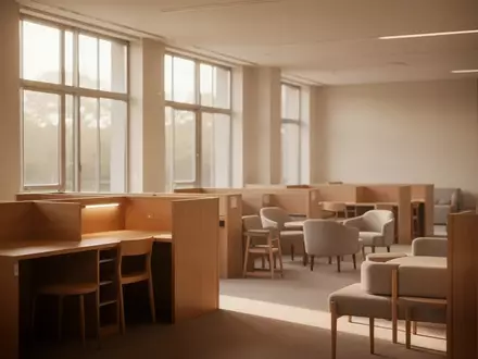 Ein ruhiger, sonnendurchfluteter Lernraum in einer Bibliothek mit leeren Schreibtischen und einer entspannten Atmosphäre. - Foto: über boerse-global.de