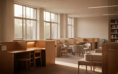 Ein ruhiger, sonnendurchfluteter Lernraum in einer Bibliothek mit leeren Schreibtischen und einer entspannten AtmosphĂ€re. - Foto: ĂŒber boerse-global.de