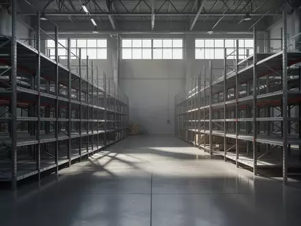 Lagerhalle mit leeren Metallregalen in einer modernen Industrieumgebung. - Foto: über boerse-global.de