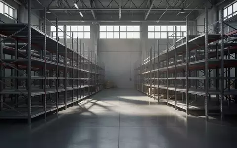 Lagerhalle mit leeren Metallregalen in einer modernen Industrieumgebung. - Foto: über boerse-global.de