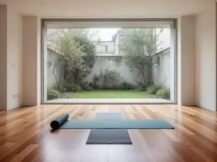 Ein heller, minimalistisch eingerichteter Wohnraum mit einer ausgerollten Yogamatte auf einem Holzboden vor einem Fenster. - Foto: über boerse-global.de
