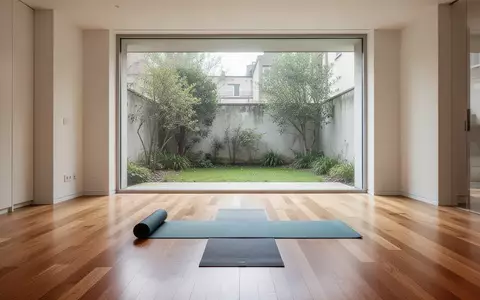 Ein heller, minimalistisch eingerichteter Wohnraum mit einer ausgerollten Yogamatte auf einem Holzboden vor einem Fenster. - Foto: über boerse-global.de