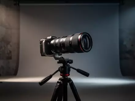Ein professionelles Kameraobjektiv auf einem Stativ in einem minimalistischen Studio mit Fokus auf Tiefenschärfe. - Foto: über boerse-global.de