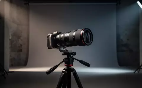 Ein professionelles Kameraobjektiv auf einem Stativ in einem minimalistischen Studio mit Fokus auf Tiefenschärfe. - Foto: über boerse-global.de