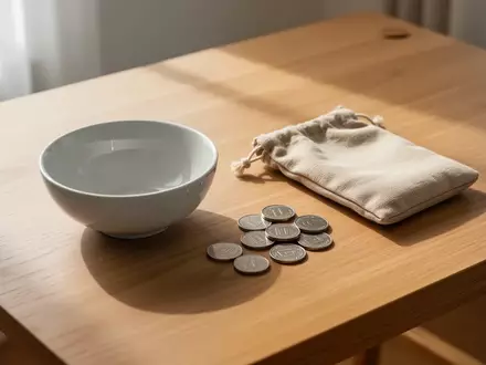 Ein minimalistischer Holztisch mit einer leeren Schale und einer kleinen, geordneten Ansammlung von Münzen als Symbol für finanzielle Vorsorge. - Foto: über boerse-global.de