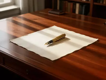 Ein minimalistischer Mahagonischreibtisch mit einem Füllfederhalter auf einem leeren Dokument in natürlichem Licht. - Foto: über boerse-global.de