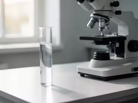 Ein steriles Labor-Reagenzglas mit einer klaren Flüssigkeit auf einem weißen Labortisch neben einem Mikroskop. - Foto: über boerse-global.de