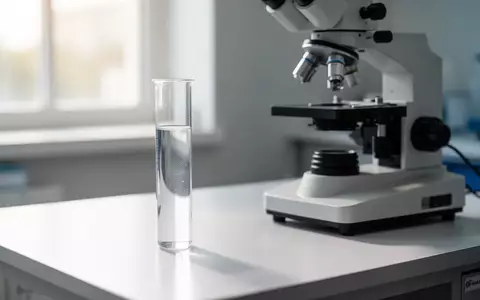 Ein steriles Labor-Reagenzglas mit einer klaren Flüssigkeit auf einem weißen Labortisch neben einem Mikroskop. - Foto: über boerse-global.de