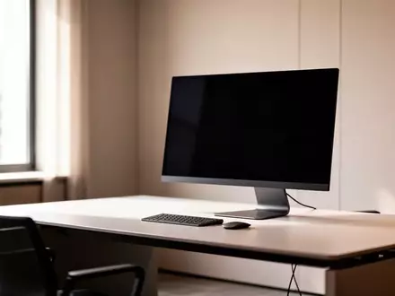 Ein moderner, aufgeräumter Büroarbeitsplatz mit einem ausgeschalteten Monitor in einer hellen, professionellen Umgebung. - Foto: über boerse-global.de