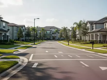 Eine moderne Wohngegend in Lake Nona, Florida, mit asphaltierten Straßen und gepflegten Grünflächen bei Tageslicht. - Foto: über boerse-global.de