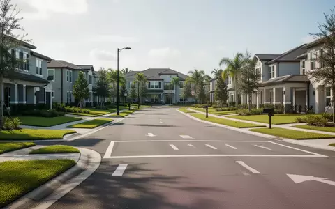 Eine moderne Wohngegend in Lake Nona, Florida, mit asphaltierten Straßen und gepflegten Grünflächen bei Tageslicht. - Foto: über boerse-global.de