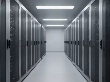 Modernes, minimalistisches Serverraum-Layout mit metallischen Schrankreihen in einer hellen, sauberen Umgebung. - Foto: über boerse-global.de